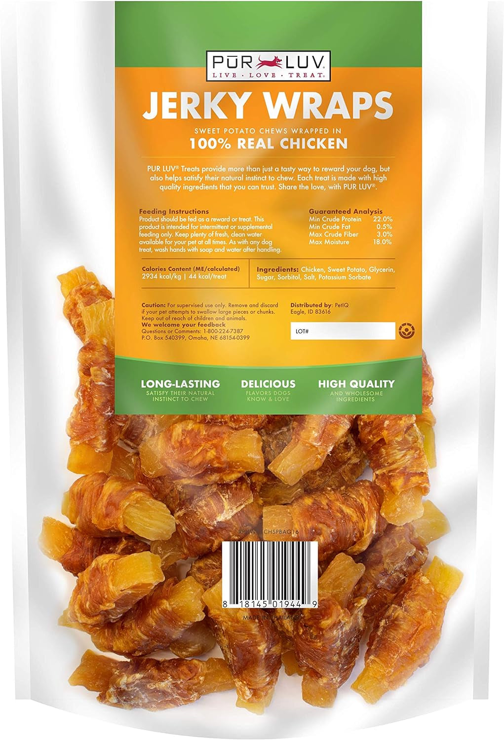Pur Luv Chicken Wrapped Sweet Potato Dog Treats, Rawhide Free Jerky Wraps, Made with Real Chicken, 16 Oz, Healthy, Easily Digestible, Long Lasting, High Protein Treat, Satisfies Dog'S Urge to Chew