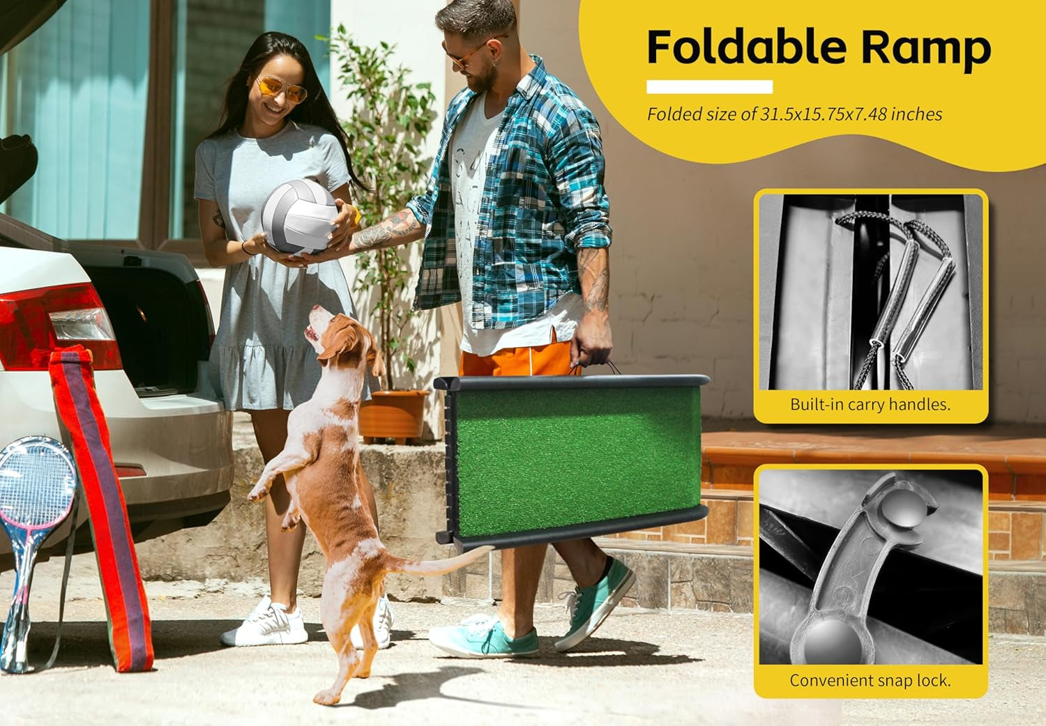Pawstep 50894 Pet Ramp for Dogs & Cats – Foldable Portable Dog Ramp with Poly Grass Non-Slip Surface, Lightweight Travel Ramp for Cars, Suvs, Beds & Couches