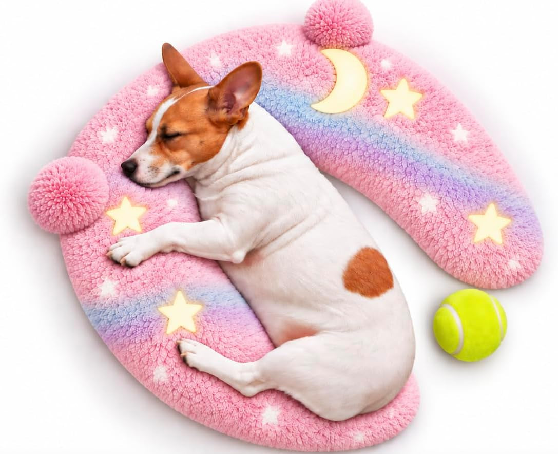 Glow in the Dark Calming Pet Pillow with Tennis Ball, Soft Night Sky Design, Washable Head Rest & Body Cushion for Small Pets, Cozy Comfort Bed Pillow for Home, Pets, Kids & Adults, (L Size) (Pink)