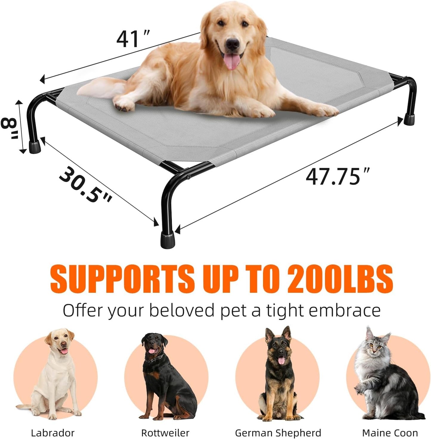 Simple Trending Raised Dog Bed for Large Dogs, Waterproof XL Dog Cot, Outdoor Cooling Elevated Pet Bed Load 200Lb, 47.75" X 30.5", Grey