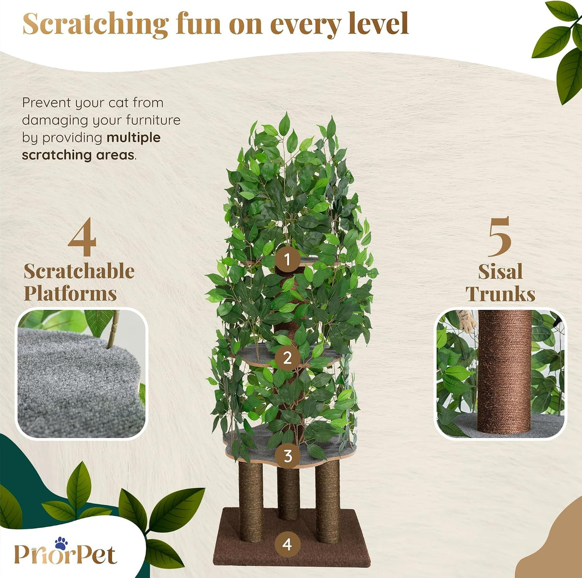 Cat Tree with Leaves – Stable & Space-Saving Design – 4 Scratch Levels & 5 Scratching Posts – for Climbing, Hiding and Sleeping – Easy to Assemble – Durable Cat Trees for Indoor Cats – Natural Look