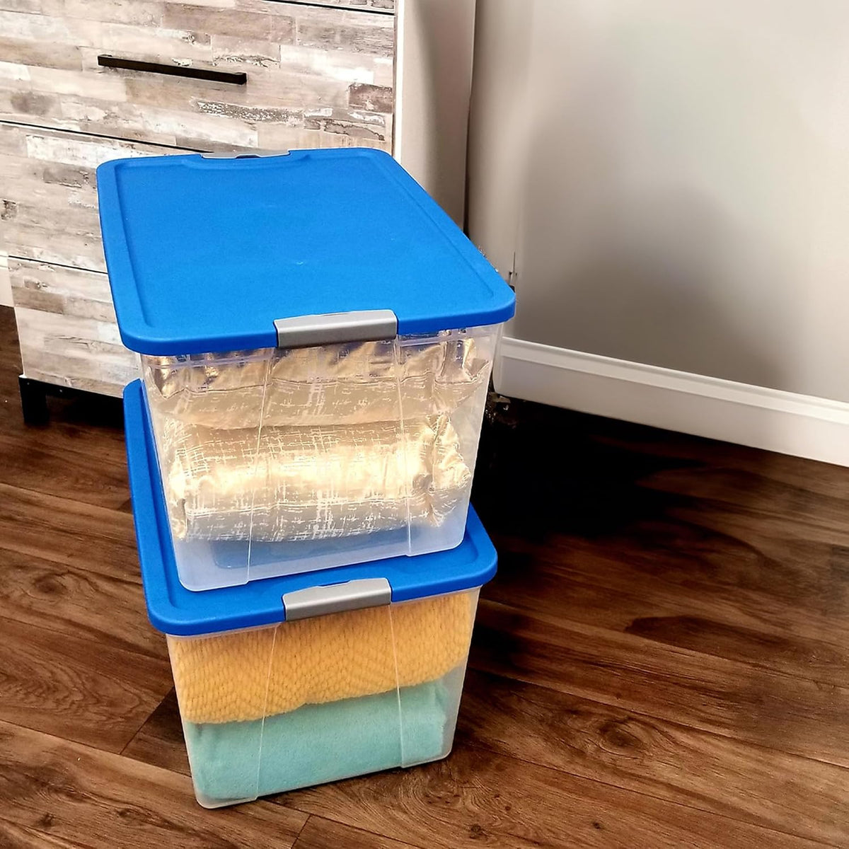 HOMZ Clear Plastic Storage Bin with Secure Latching Blue Lid, 64 Qt, 2 Pack