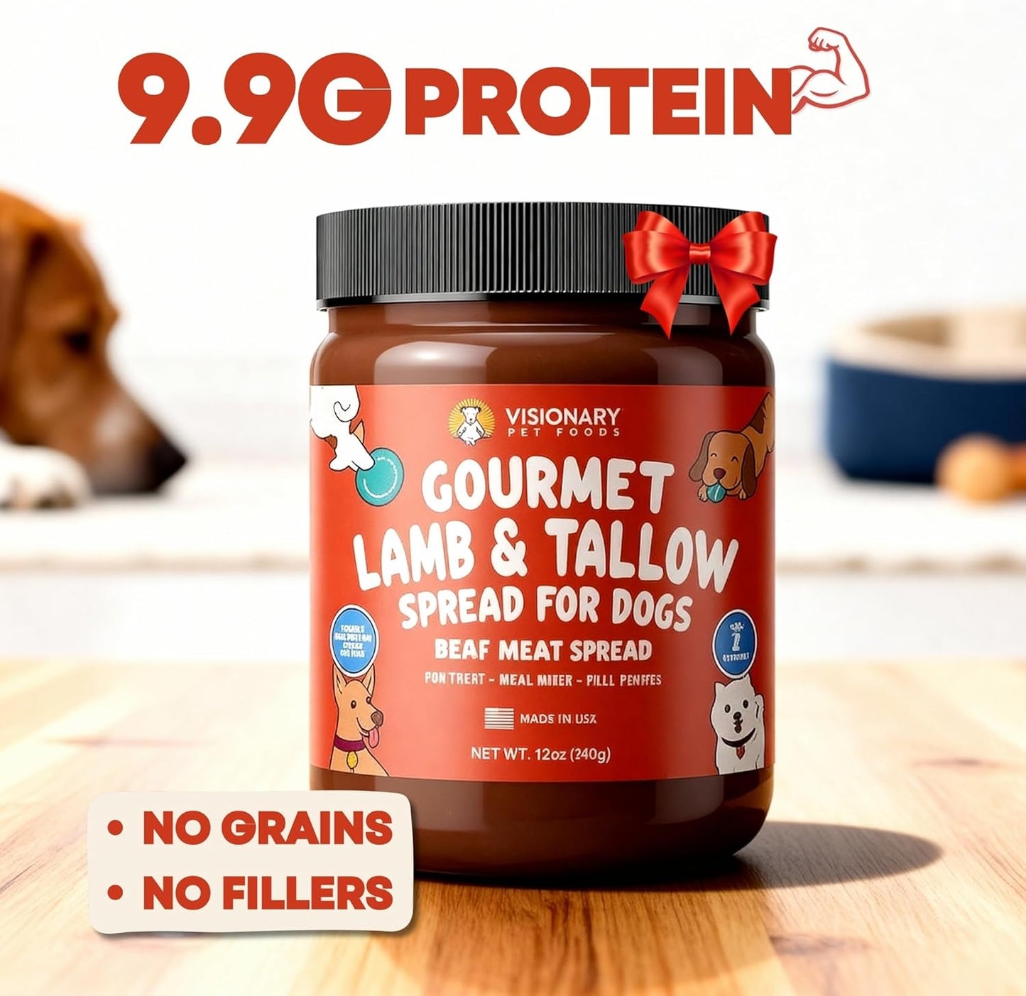 Visionary Pet Foods Lamb and Tallow Meat Spread - Healthy Dog Treat - Alternative to Dog Peanut Butter, Xylitol Free, No Sugar and Filler Free - Use on Lick Mat, Food Mixer, Pill Pockets - 12Oz Jar