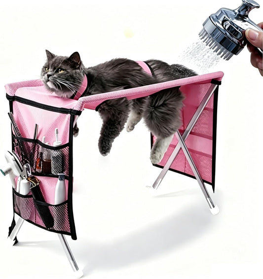 Dog Cat Grooming Hammock with Stand, Foldable Pet Grooming Sling Holder for Nail Trimming Bathing, 30 Lb Capacity (Pink)