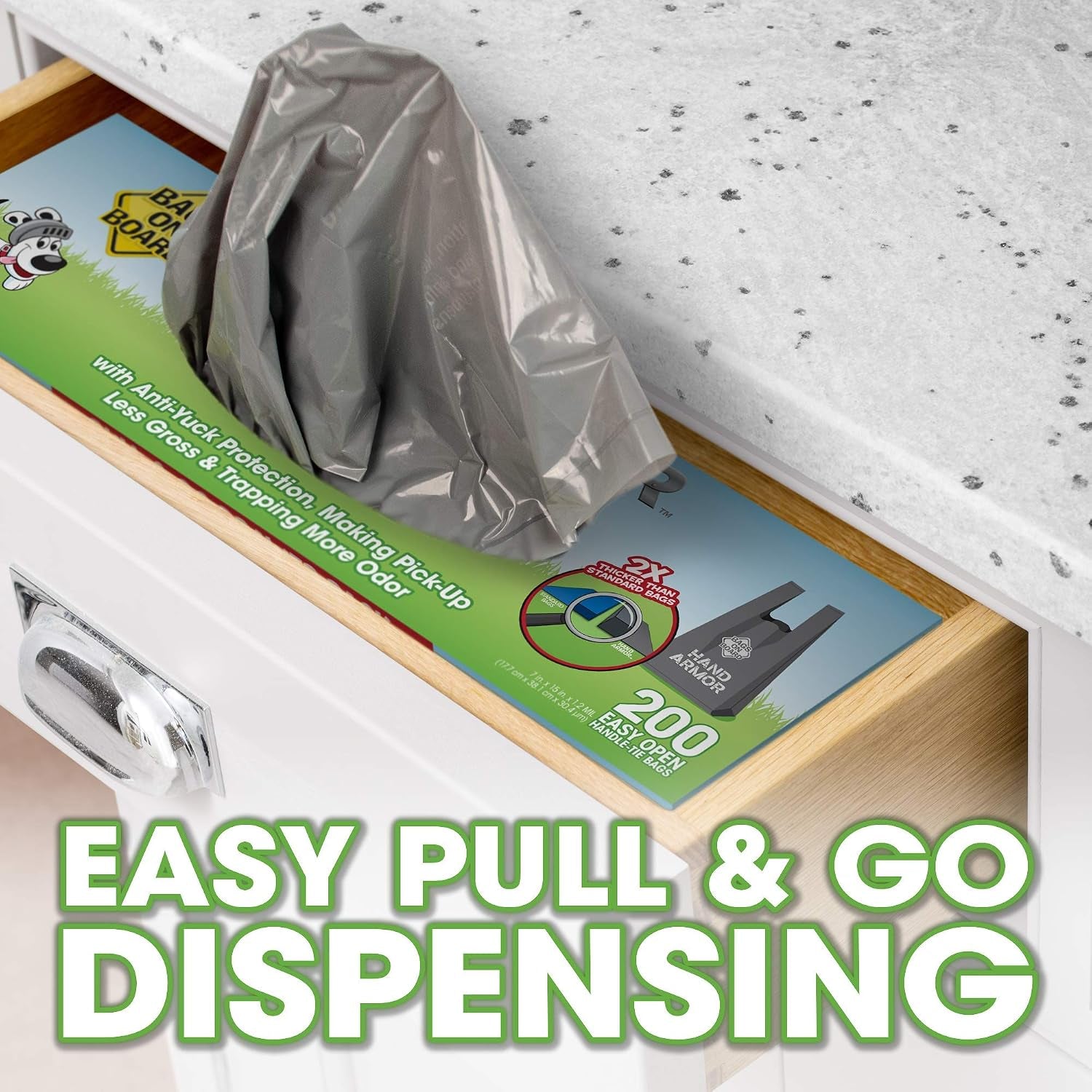 Bags on Board Dog Poop Bags with Easy Tie Handles, Drawer Pack, 200 Count | Extra Thick Waste Pickup Bags, Easy Tie Handles, Easy Dispensing Drawer Pack, Strong Leak Proof Design, 200 Count