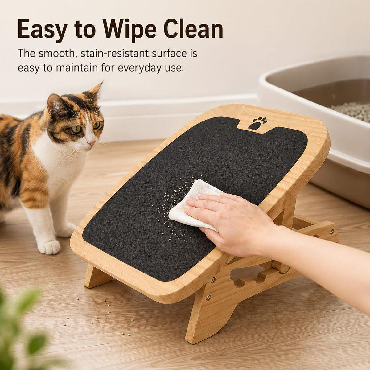 Wooden Litter Box Ramp, 4-Position Adjustable Cat Step for Automatic