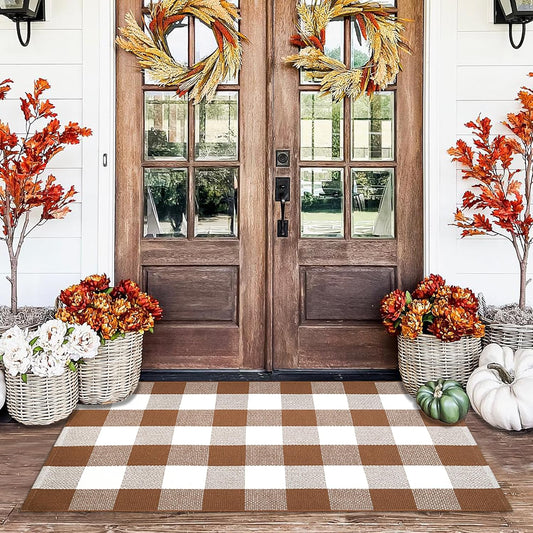 Homydecor Buffalo Plaid Outdoor Rugs, 28'' X 43'' Coffe and White Checkered Area Rug, Layering Rug for Hello/Welcome Door Mat, Washable Cotton Woven Farmhouse Mat for Front Porch Décor