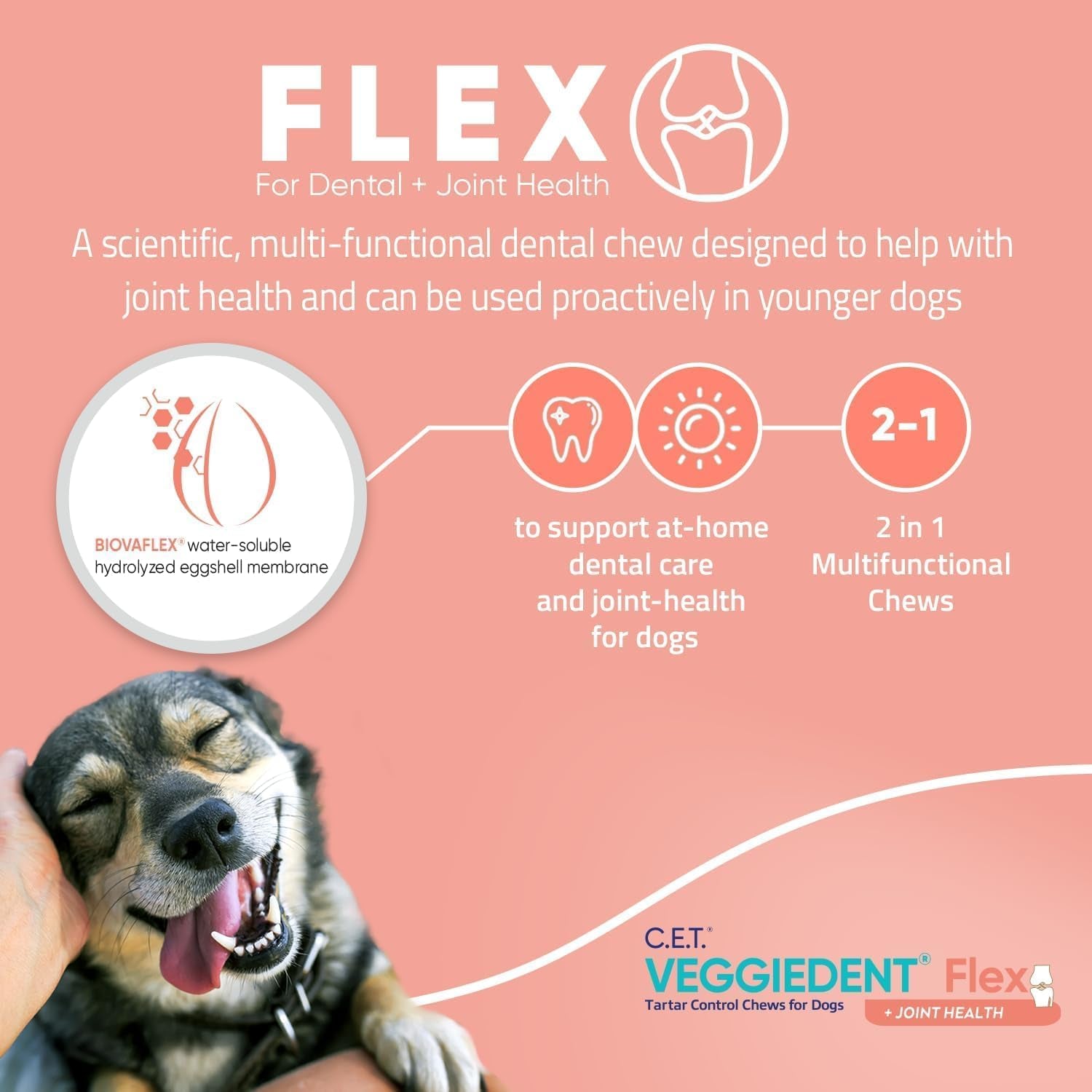Virbac C.E.T.® VEGGIEDENT® Flex Tartar Control Chews for Dogs - Multifunctional to Support Joint Health, VOHC Approved - Large Dogs over 66Lbs
