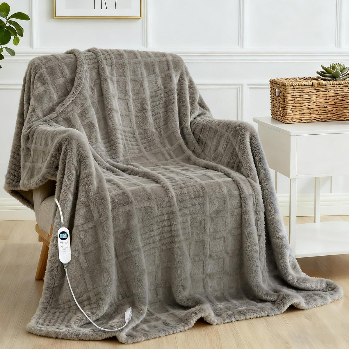 Heated Blanket Electric Throw, 50"X60" Heating Blanket Waffle with 12 Heat Levels, Fast Heating Blanket with 1-12H Timer, Overheat Protection with ETL & FCC for Bed Home Office Sofa (Light Gray）