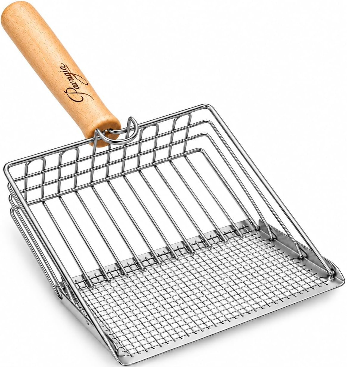 Premium Stainless Steel Cat Litter Scoop with Wooden Handle, Heavy Duty Metal Kitty Litter Scooper with Deep Sifting Basket & Built-In Hook, Durable Modern Litter Scoop for Cat Litter Box