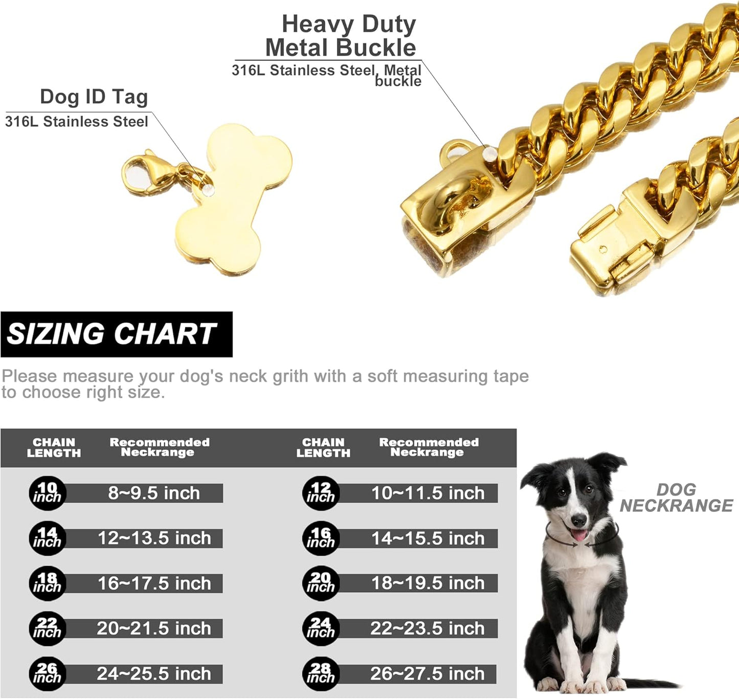 Gold Dog Chain Collar Walking Metal Chain Collar with Design Secure Buckle,18K Cuban Link Strong Heavy Duty Chew Proof for Medium Dogs(14Mm, 16")