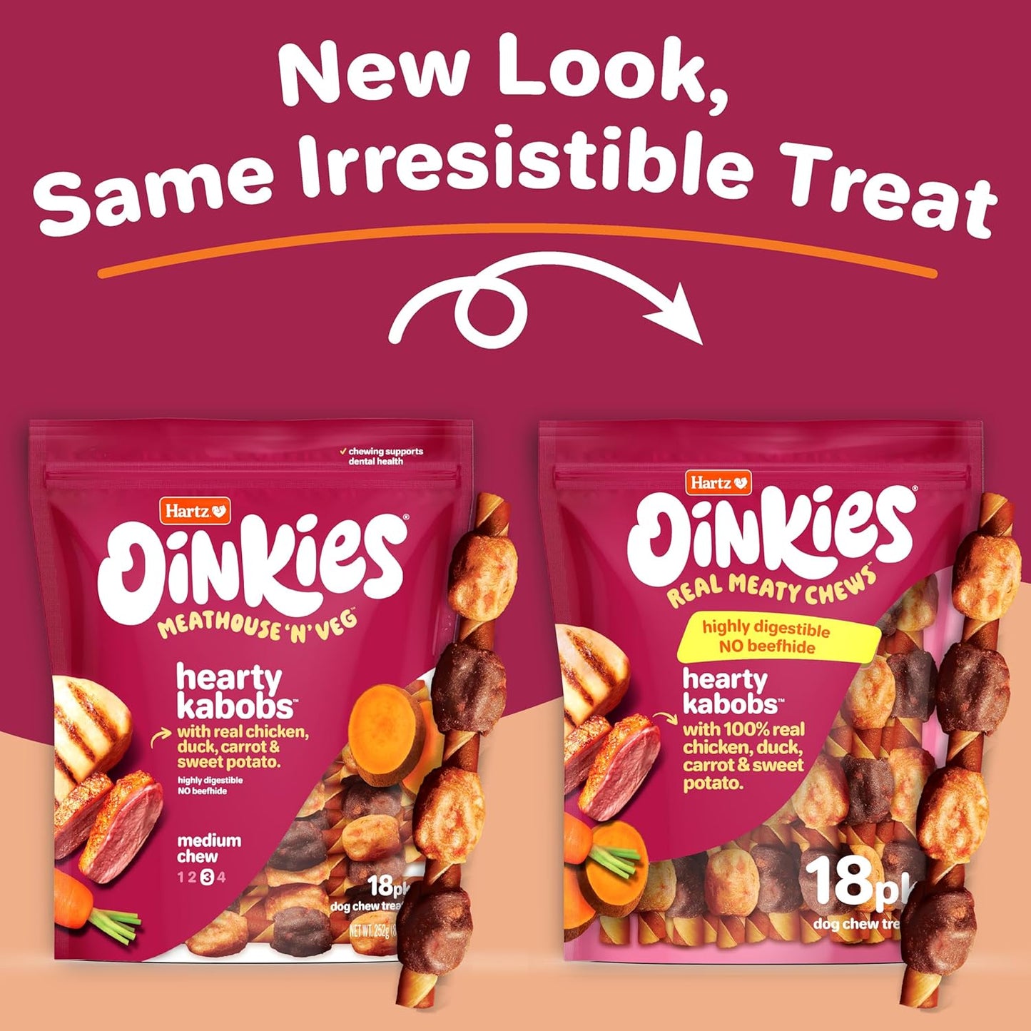 Hartz Oinkies Hearty Kabobs Rawhide‑Free Dog Treats, High‑Protein, Long‑Lasting Highly Digestible Chews Made with Real Chicken, Duck, Sweet Potato & Carrot, 18 Count