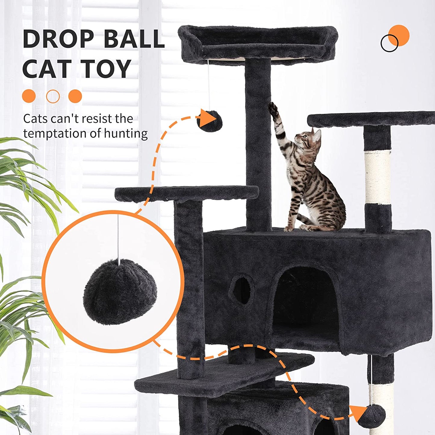 Bestpet | 54" Cat Tree Tower | Dark Gray | Sturdy, Easy to Assemble, Multi-Level Activity Center with Sisal Scratching Posts, Condos, Perches, Hanging Cat Toys, Observation Decks & Ladder