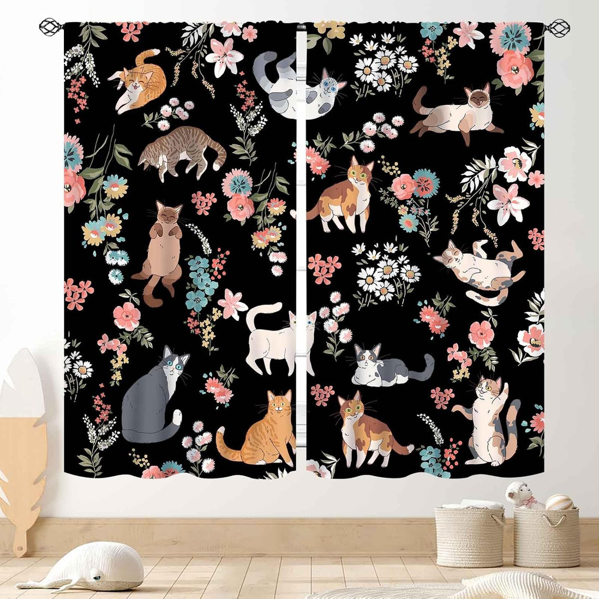 Cute Cat Curtains for Bedroom, Black Floral Kawaii Kitty Drape, 42X45 Inch
