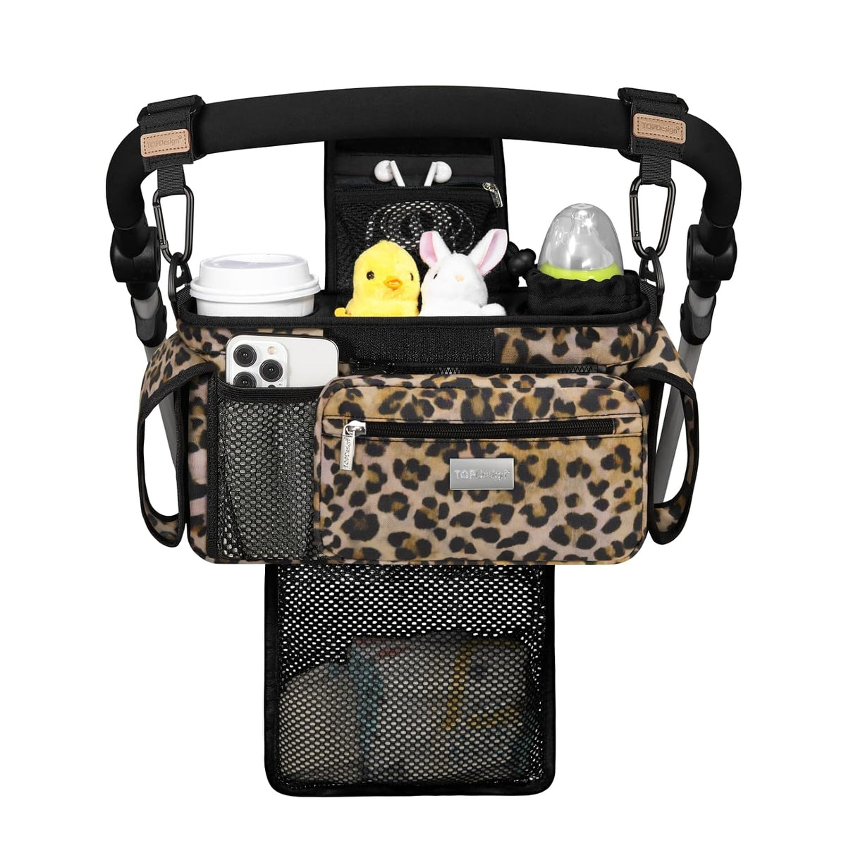 Topdesign Universal Baby Stroller Organizer, Stroller Caddy with Detachable Mesh Bag & Heightened Insulated Cup Holders & Non-Slip Secure Hooks Accessories, Fits Most Strollers (Leopard)