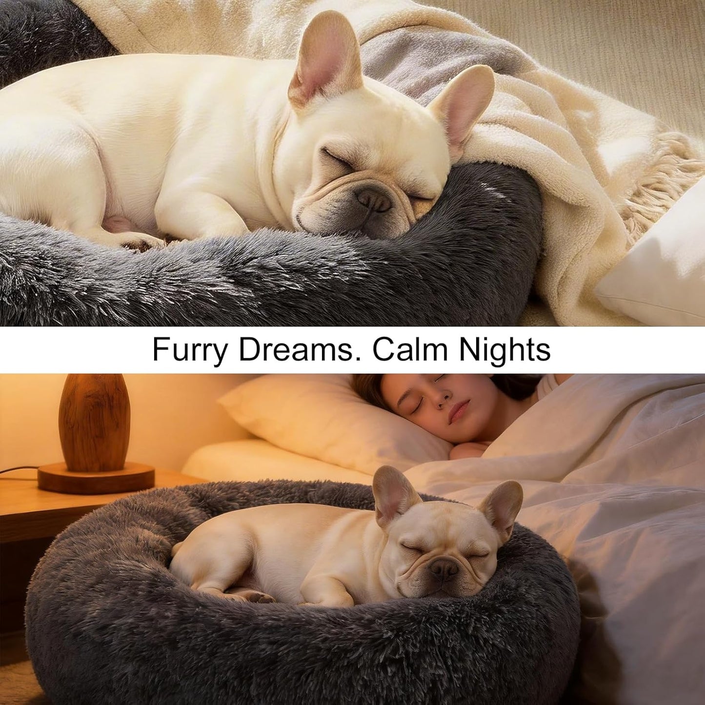 Dog Calming Beds for Small Medium Large Dogs - round Donut Washable Puppy Dog Bed, Anti-Slip Faux Fur Fluffy Donut Cuddle Anxiety Cat Pet Bed(28" Dark Grey)