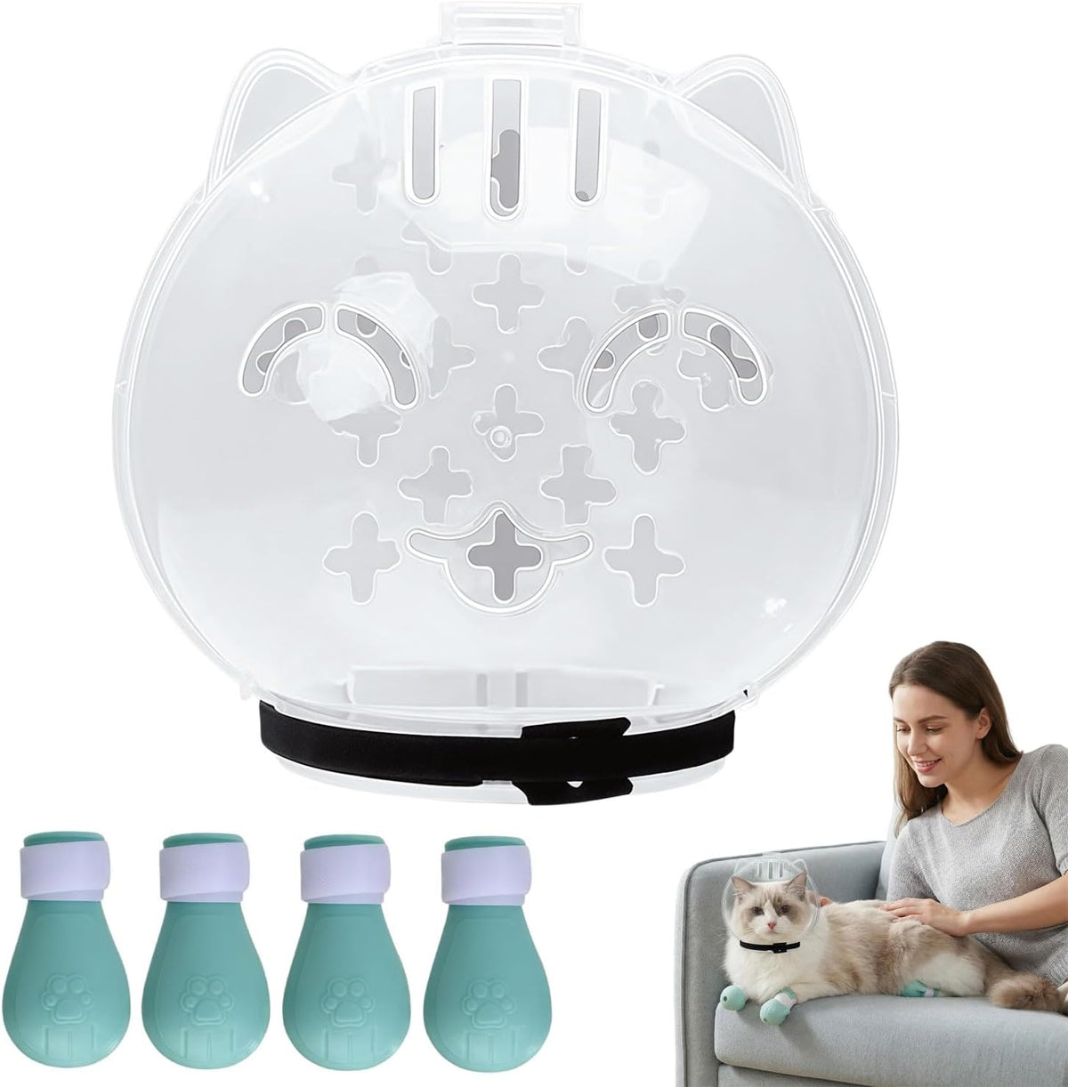 Transparent Cat Helmet with 4 Silicone Paw Covers, Adjustable Breathable Cat Muzzle Restraint for Bathing, Nail Trimming & Grooming (M)
