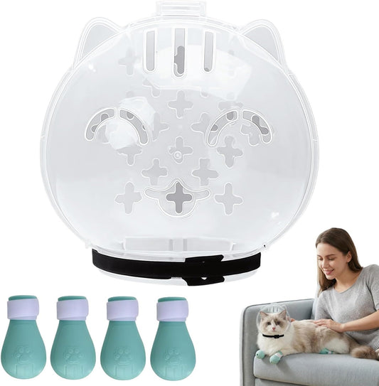 Transparent Cat Helmet with 4 Silicone Paw Covers, Adjustable Breathable Cat Muzzle Restraint for Bathing, Nail Trimming & Grooming (M)