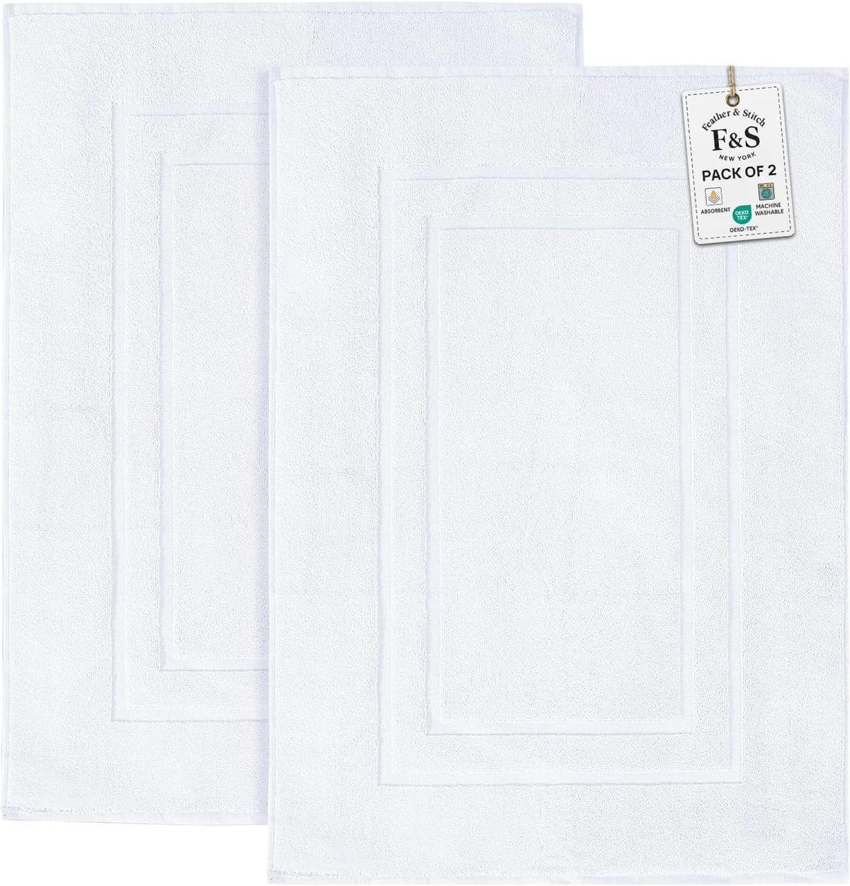 Feather & Stitch 100% Cotton Bath Mats 2 Piece 30X21 Inches, White