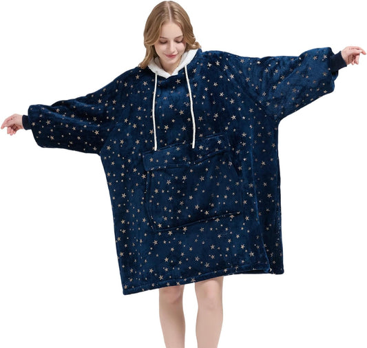 Qeils Wearable Blanket Hoodie for Women, Comfy Sherpa Sweatshirt Blanket as Birthday Gifts, Oversized Pullover Jacket Blanket Hoodie for Adult (Navy Foil Star, Adult)