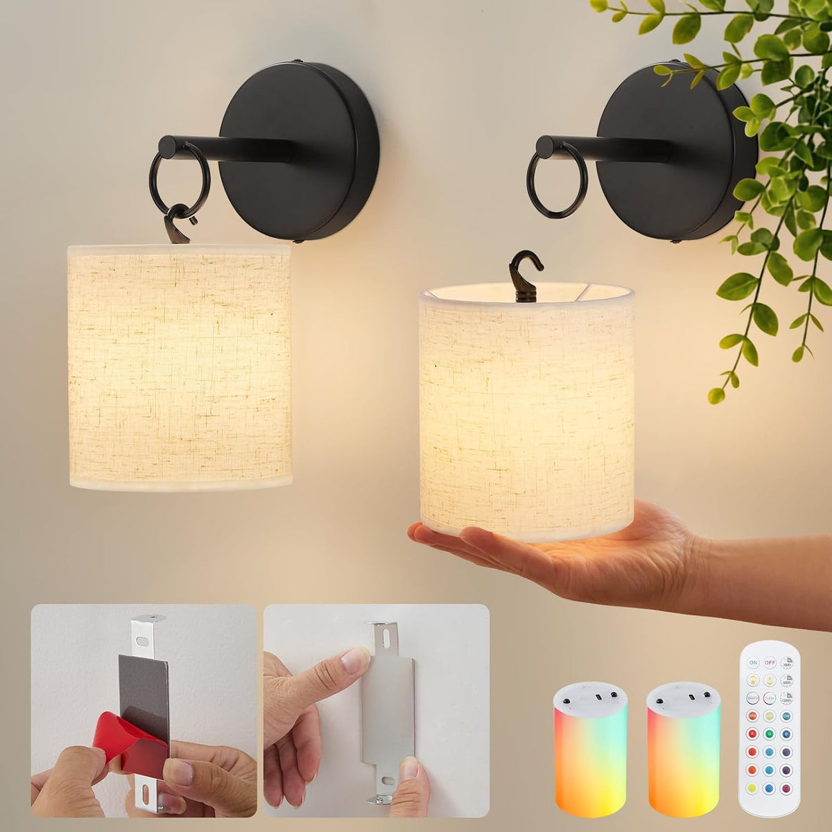 Peel and Stick Sconces Set of 2 Black, Detachable Battery Operated Wall Sconce with 10000 Mah Rechargeable Bulbs, 12 RGB Battery Sconce with Remote, Renter Friendly Wall Lamps for Living Room,Bedroom
