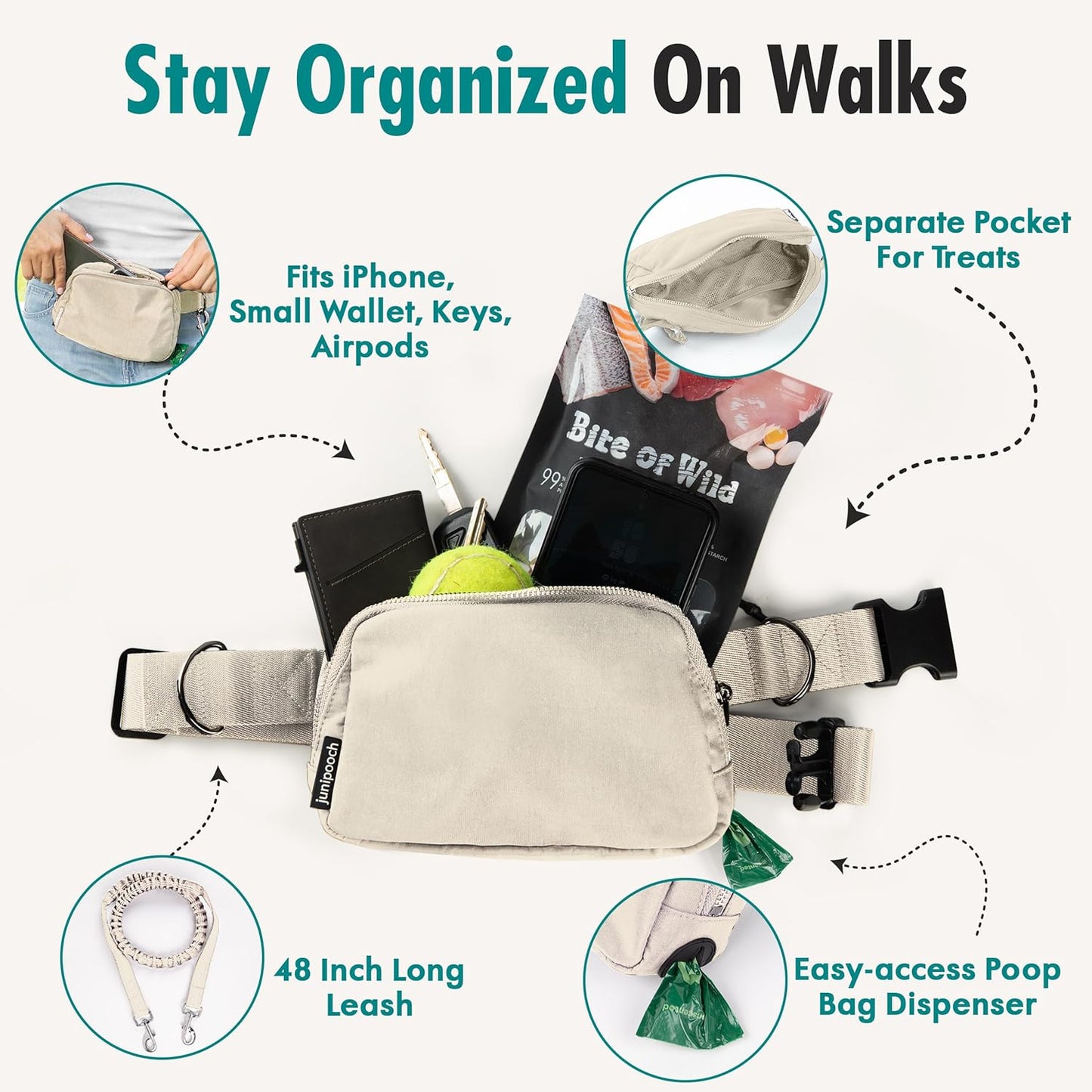 Hands Free Dog Leash with Dog Treat Pouch - Stylish & Trendy Waist Leash for Dog Walking - Wear around the Waist or Crossbody - Durable & Detachable - Shock Absorbing - Waste Bag Dispenser