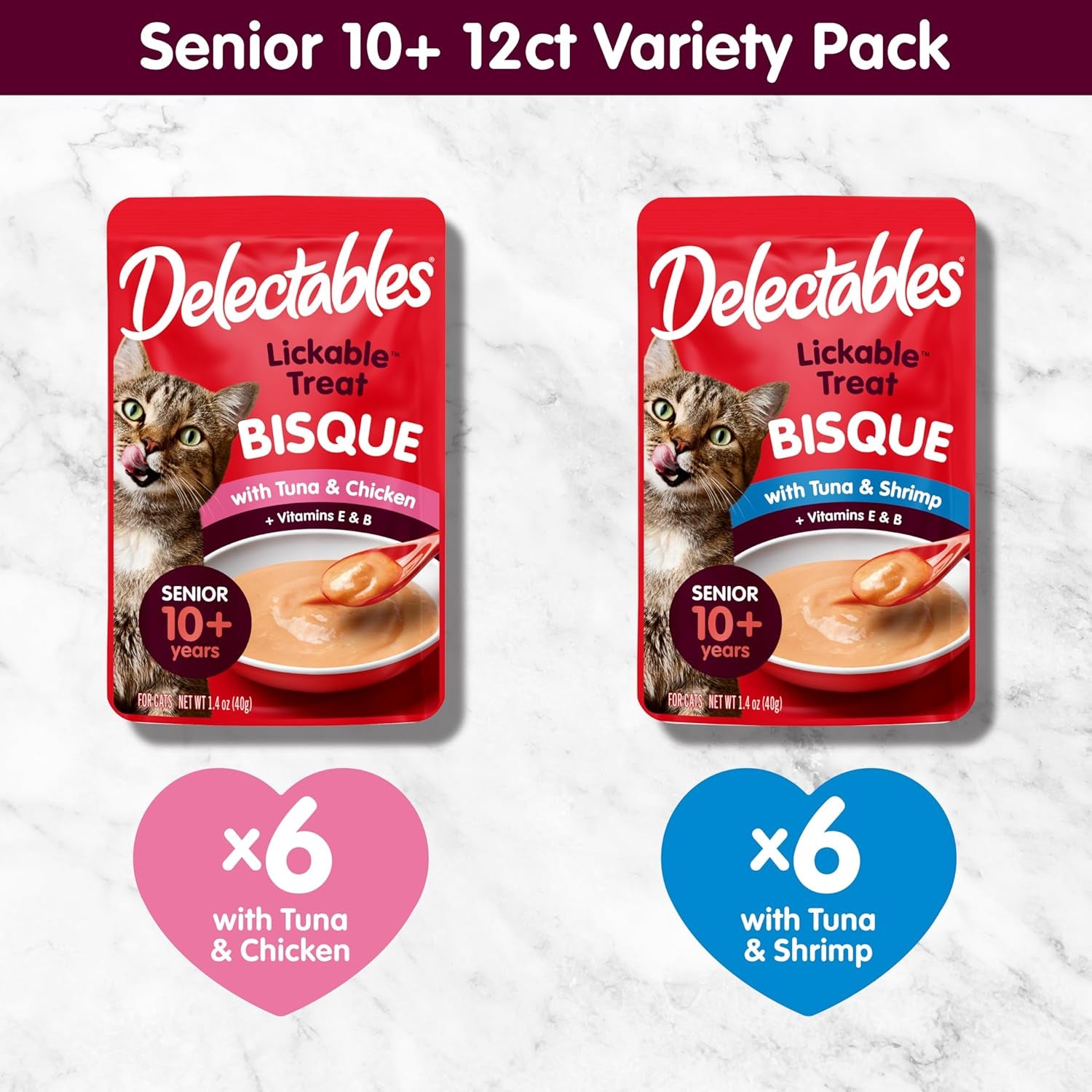 Delectables Lickable Treat Bisque Senior 10+ Wet Cat Treat Variety Pack, Food Topper, Hydrating, Grain-Free, No Fillers, No By-Products, No Added Preservatives, 1.4Oz Pouch, 12Ct