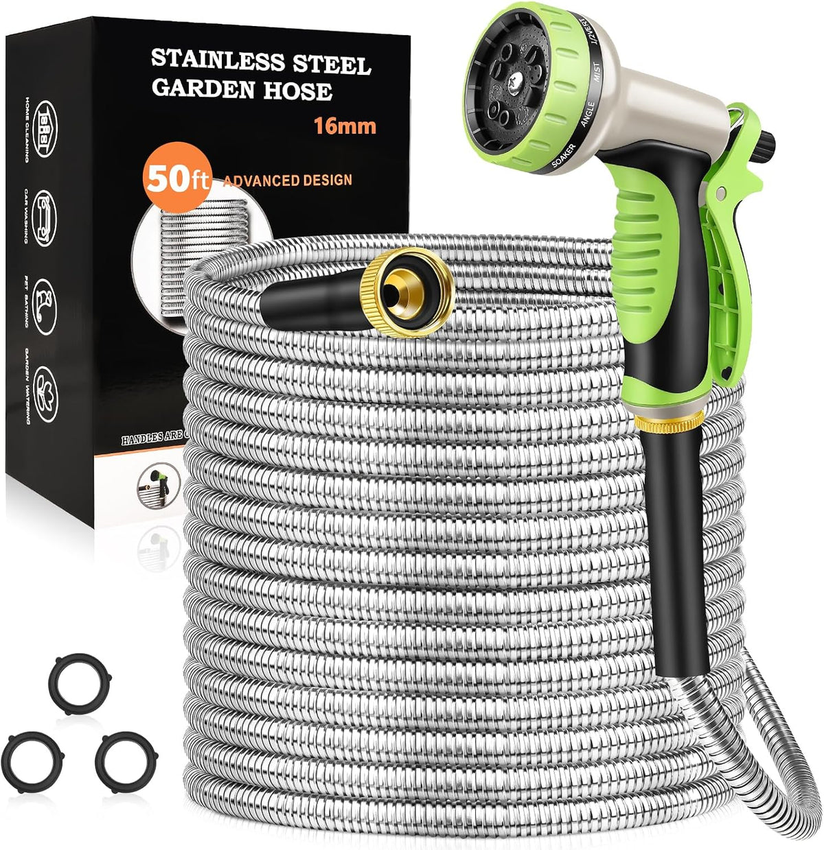 GOXAWEE 50FT Garden Hose, Stainless Steel Water Hose, 10 Function Nozzle