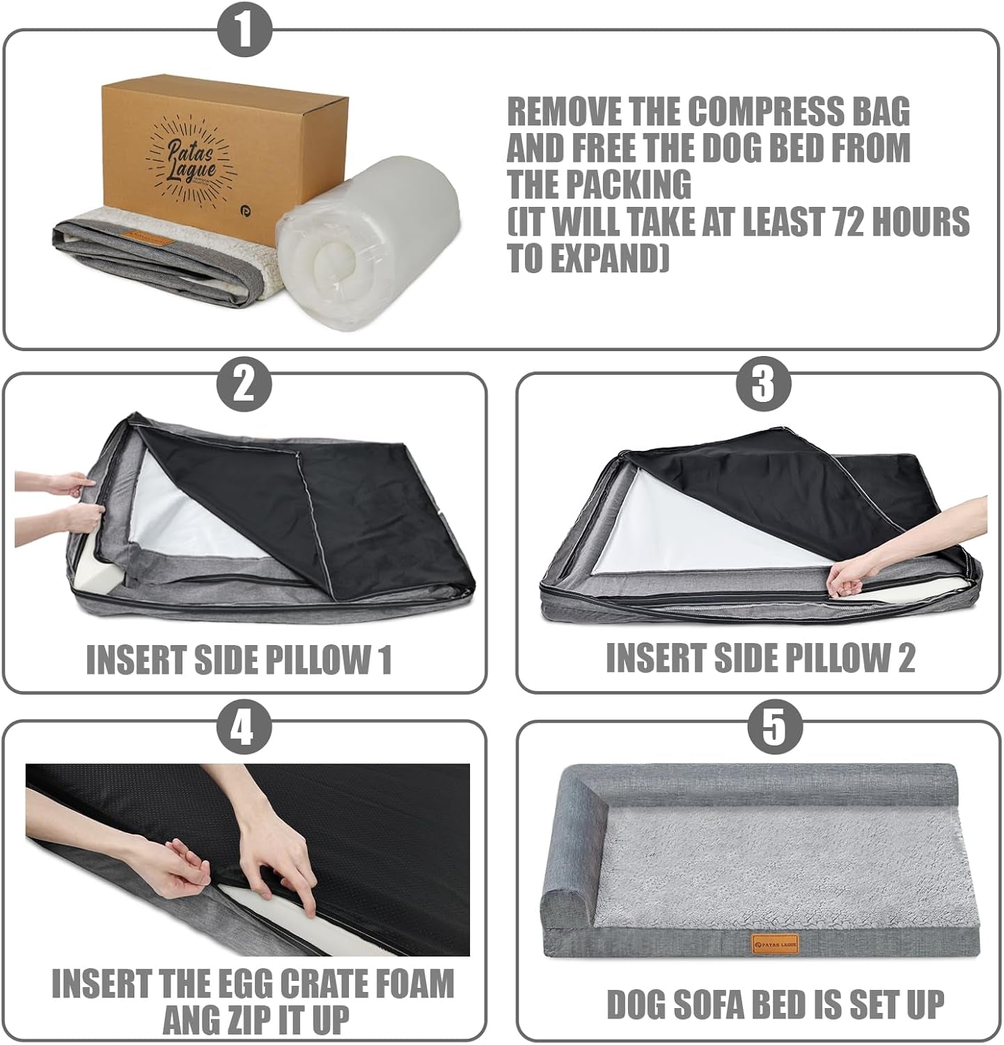 Patas Lague Orthopedic Dog Bed Large Sized Dog 36''X24'', Waterproof L Bolster Medium Pet Sofa Beds with Removable Washable Cover, Soft Pet Couch Crate Mat with Nonskid Bottom, Black