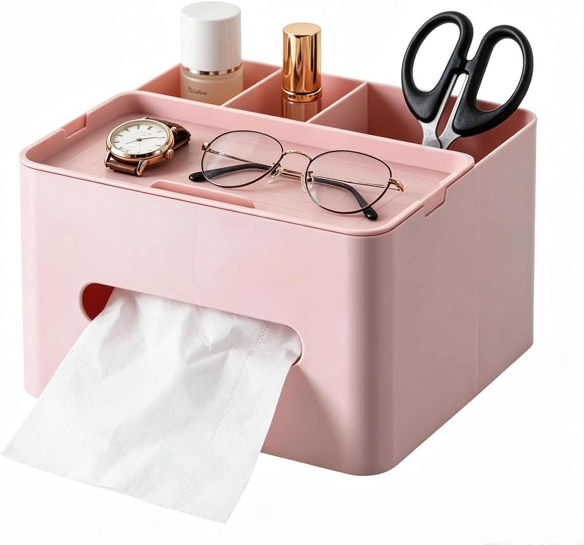 Horntide 5-In-1 Tissue Box Holder with Storage Caddy, 20Cm Plastic Multifunction Countertop Organizer, 3X Compartments 1X Top Tray, Ideal for Office, Home, Vanity, Makeup & Stationery (Pink)