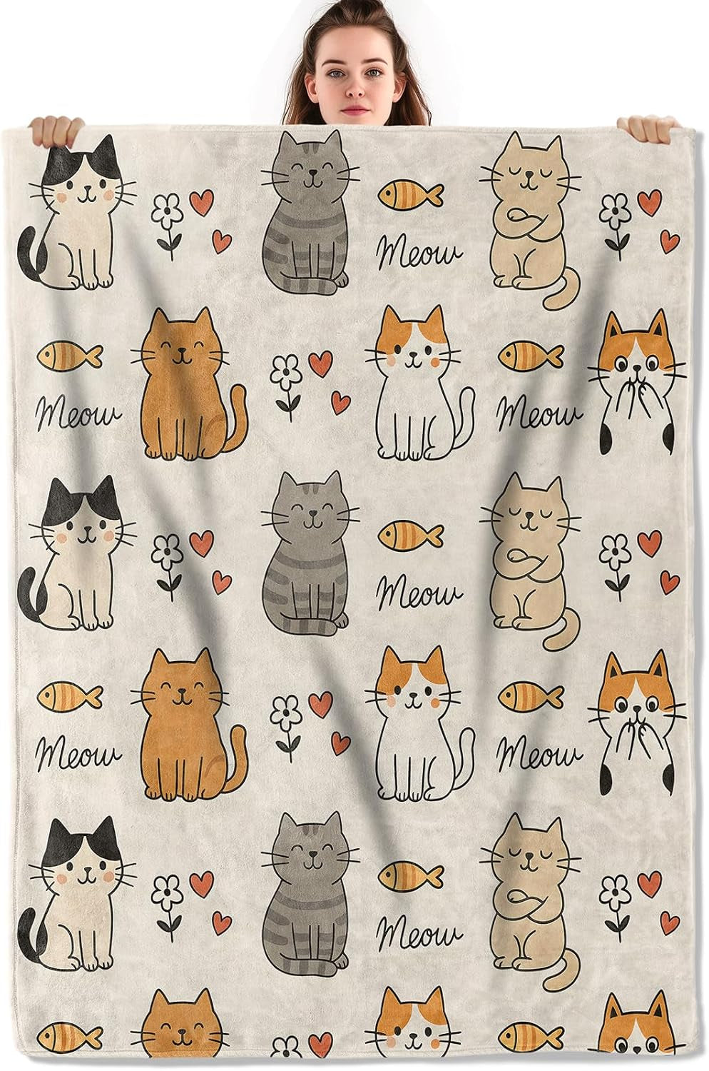 Cute Cat and Fish Throw Blanket, Lightweight Warm Funny Cartoon Kitten Flannel Blanket, Home Decor and Gifts, Soft Cozy Blankets for Women Girls Kids, 50"X60" for Bed Couch Travel