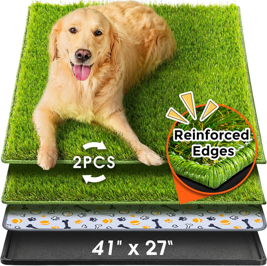 Hompet Dog Grass Pad with Tray Large, 41"X27", 2 Reusable Artificial Turf for Dogs Potty, Waterproof Non-Slip Washable Pee Pads, Quickly Absorbency Portable Dog Litter Box for Indoor/Outdoor Use