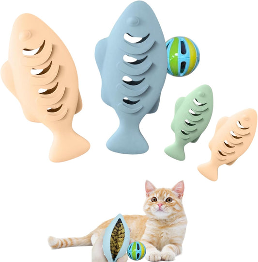 2Packs Silicone Fish Cat Toy with a Bell Ball, Interactive Treat Dispenser and Teething Chewer for Indoor Kittens, Durable Food Puzzle Promotes Mental Stimulation, Reduces Boredom