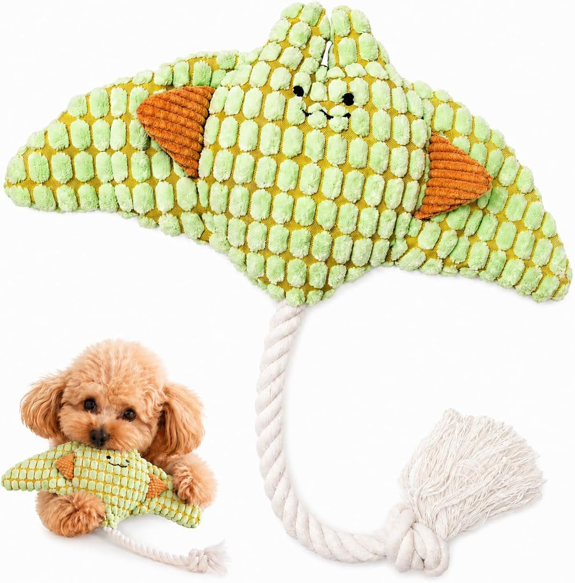 Manta Ray Dog Toy with Rope Tail, Plush Ocean Dog Toy for Small and Medium Dogs, Interactive Toss and Chew Pet Toy，Corn Puppy Toy for anti Boredom & Anxiety