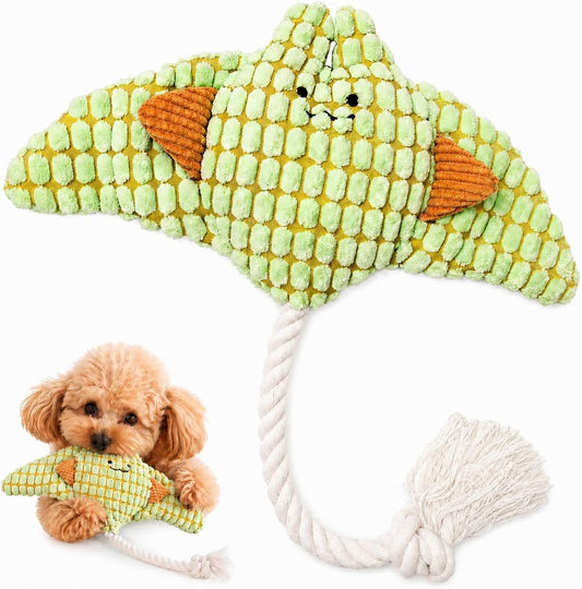 Manta Ray Dog Toy with Rope Tail, Plush Ocean Dog Toy for Small and Medium Dogs, Interactive Toss and Chew Pet Toy，Corn Puppy Toy for anti Boredom & Anxiety