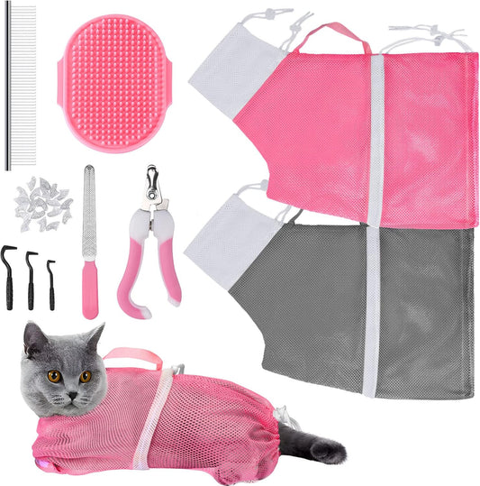 JULMELON 10PCS Cat Bathing Bag Adjustable Shower Washing Net Grooming Set