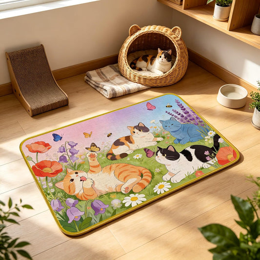 Cute Cat Door Mat, Linen Indoor Outdoor Entry Mat, Flowers Welcome Mat Front Door, Non Slip Rubber Floor Mat, Easy Clean Rug, Cats Lover Funny Porch Decor (Cat, 17 X 29.5 Inches)