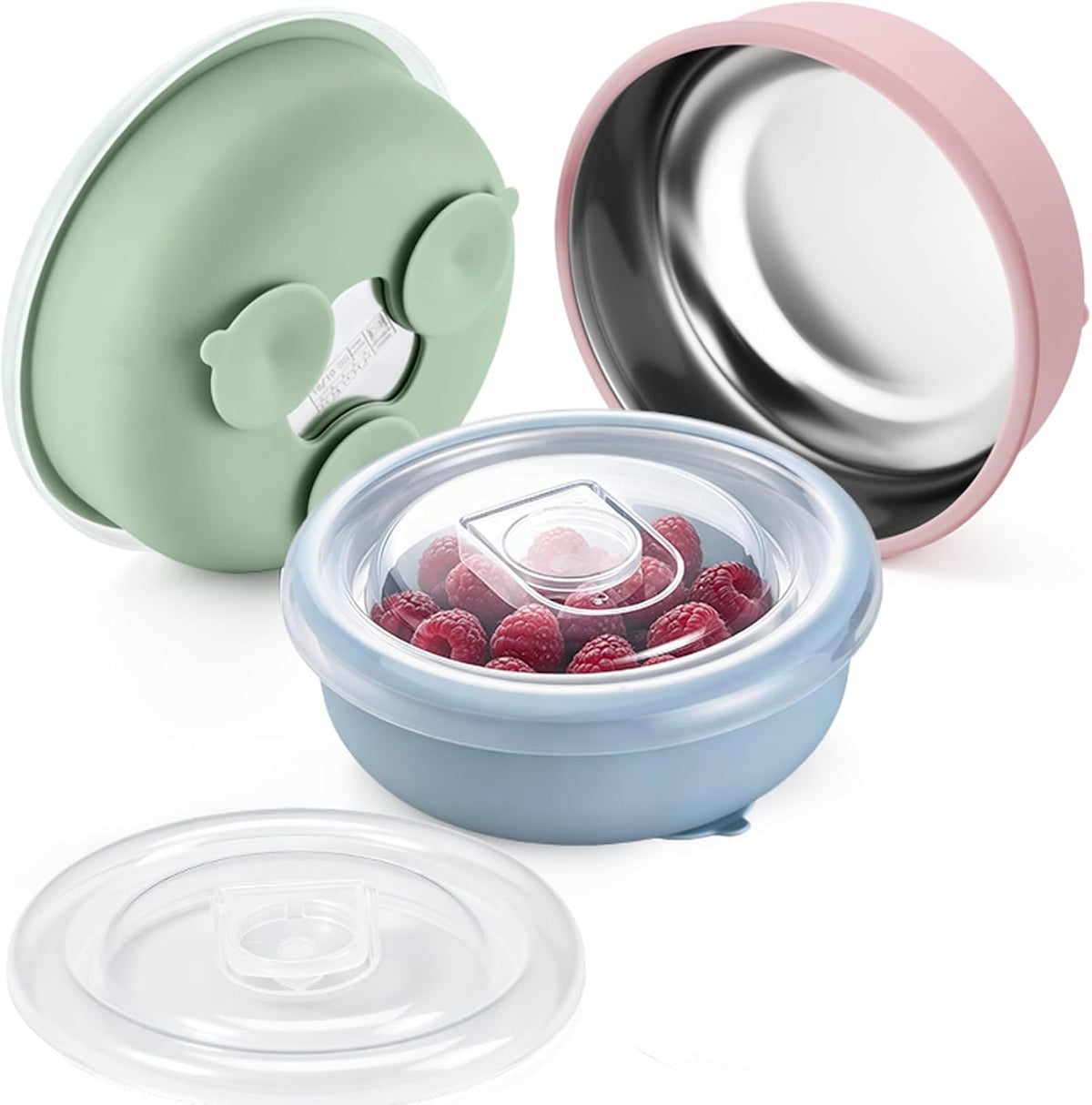 P&P CHEF 3 Pack Baby Bowls with Suction & Lids, 400 ML (Blue+Green+Pink)