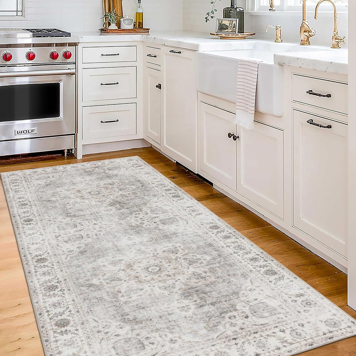 Realife Rugs Machine Washable Area Rug Runner - Living Room Bedroom Bathroom Kitchen Entryway Office - Padded Low Pile Stain Resistant Premium - Boho Farmhouse Vintage - Joy - Beige Ivory 2'6" X 8'