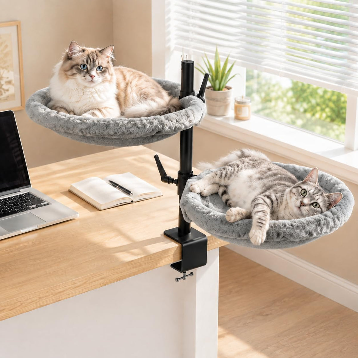 Double Cat Desk Bed - 2 Large Layers Cat Beds with 360° Rotating & Adjustable Height, 16.5 Inch Kitten Nest for Desktop with 2 Washable Soft Covers, Kitten Hammock Bed Mount for Home Office Grey