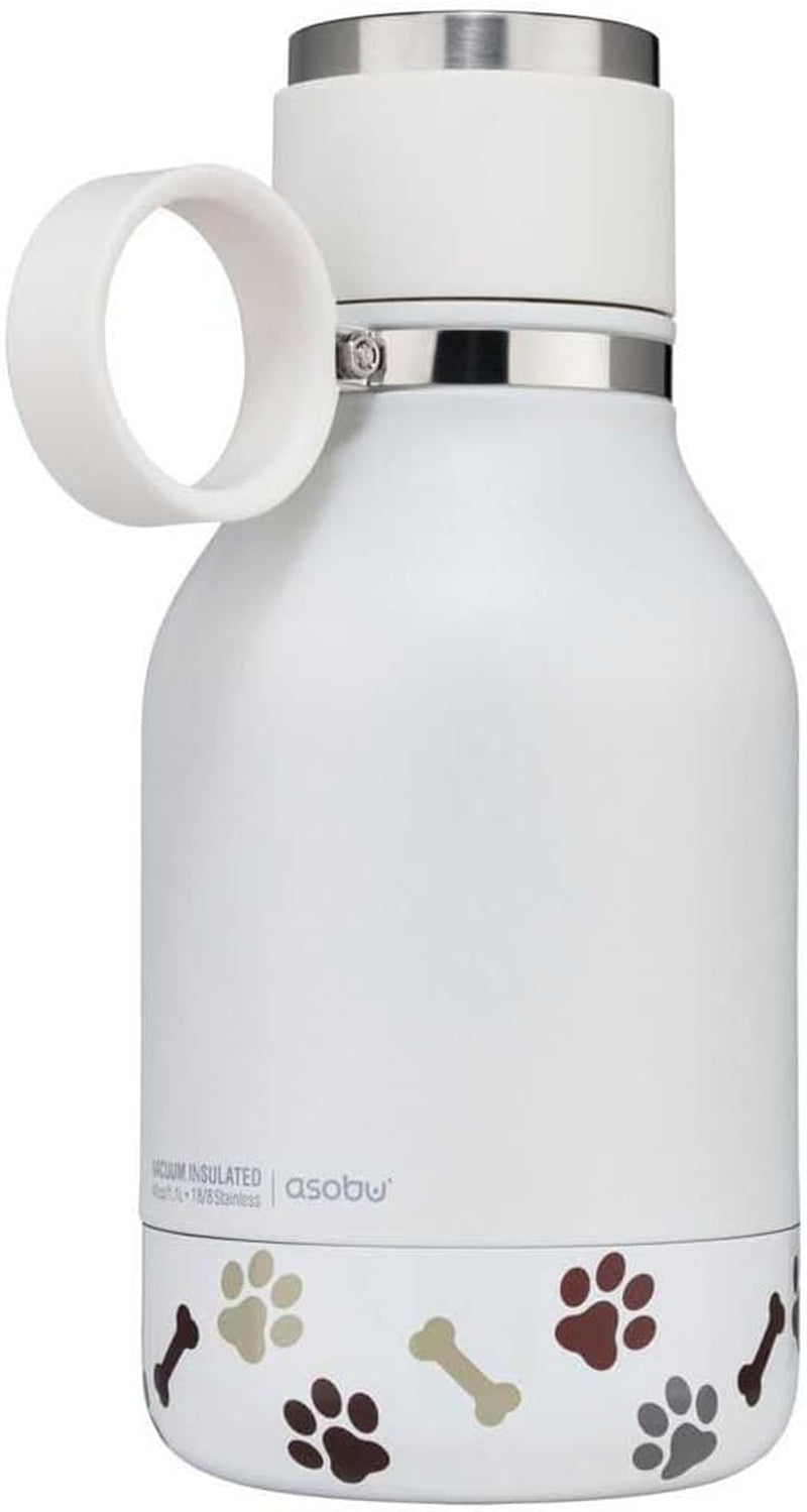 Asobu Buddy Bottle, a Stainless Steel Insulated Water Bottle with Removable Dog Water Bowl and Dog Food and Treat Storage Plate (White, 37 Oz Water Bottle with 2 Bowls)