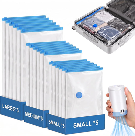 15 Pack Combo Travel Vacuum Bags with Electric Pump, Portable Storage Bags
