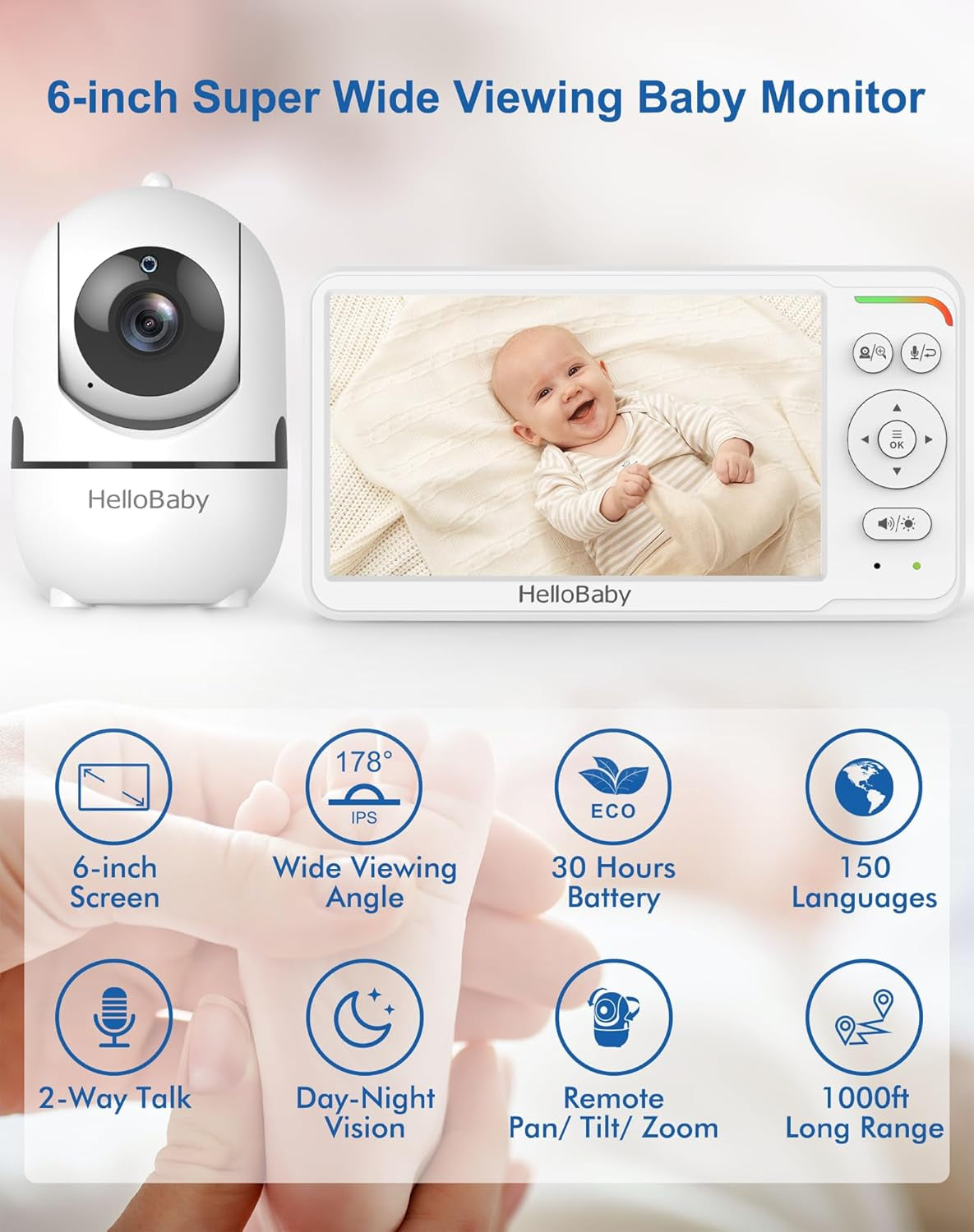 Hellobaby Baby Monitor 6" World First IPS Screen 30H Battery, Secure No Wifi, Pan Tilt Video Camera with Night Vision, VOX, 2-Way Talk, 1000Ft, Portable Video Audio Monitor Ideal for Mom, Elderly, Pet