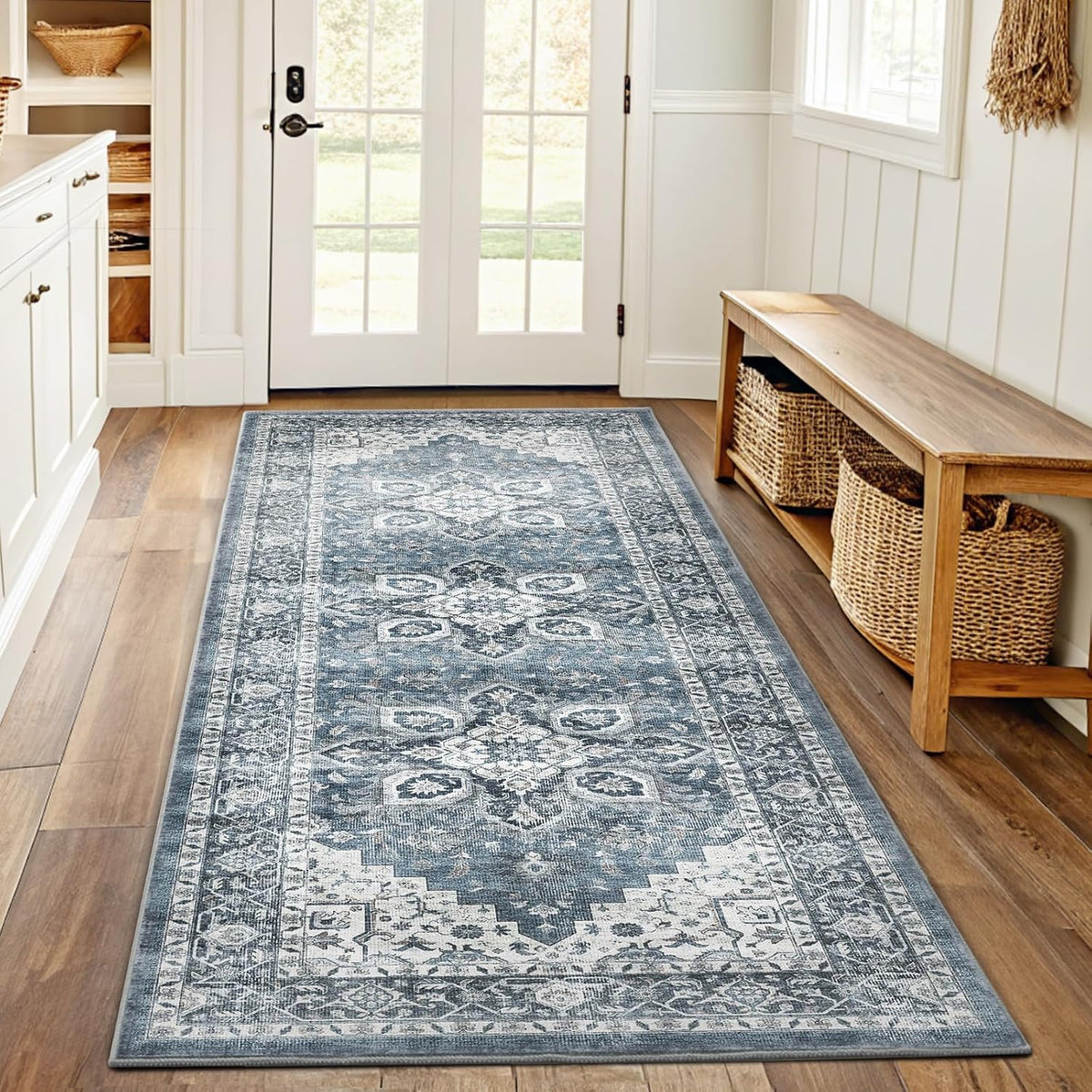 Amada 2X6 Washable Runner Rug for Kitchen and Entryway, Blue, Vintage Style