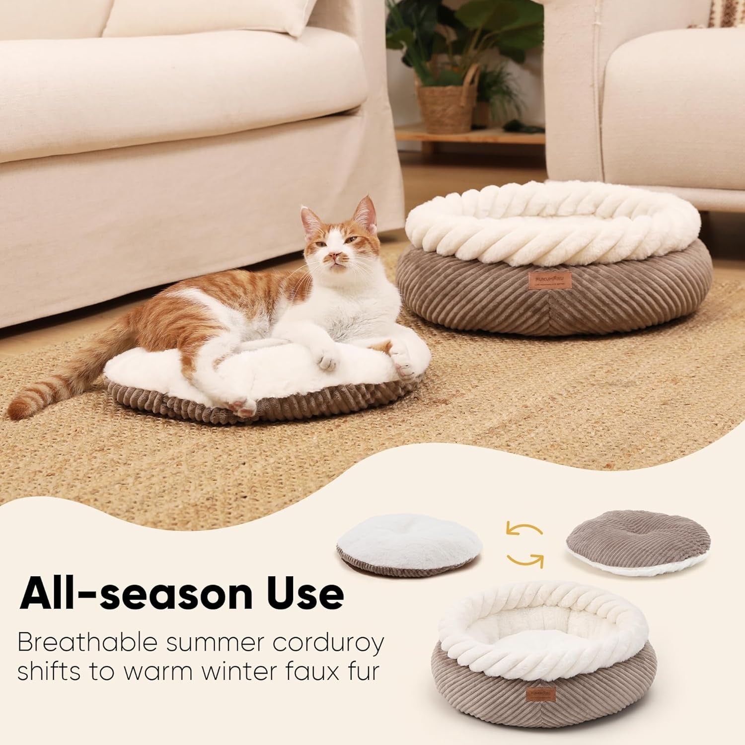 FUKUMARU Cat Bed, Calming Donut Dog Beds, Plush Faux Fur&Corduroy Kitten Beds, Cute round Washable Pet Bed for Large Cats and Puppy, Cat Cave with Anti-Slip Bottom, 21Inch, Camel