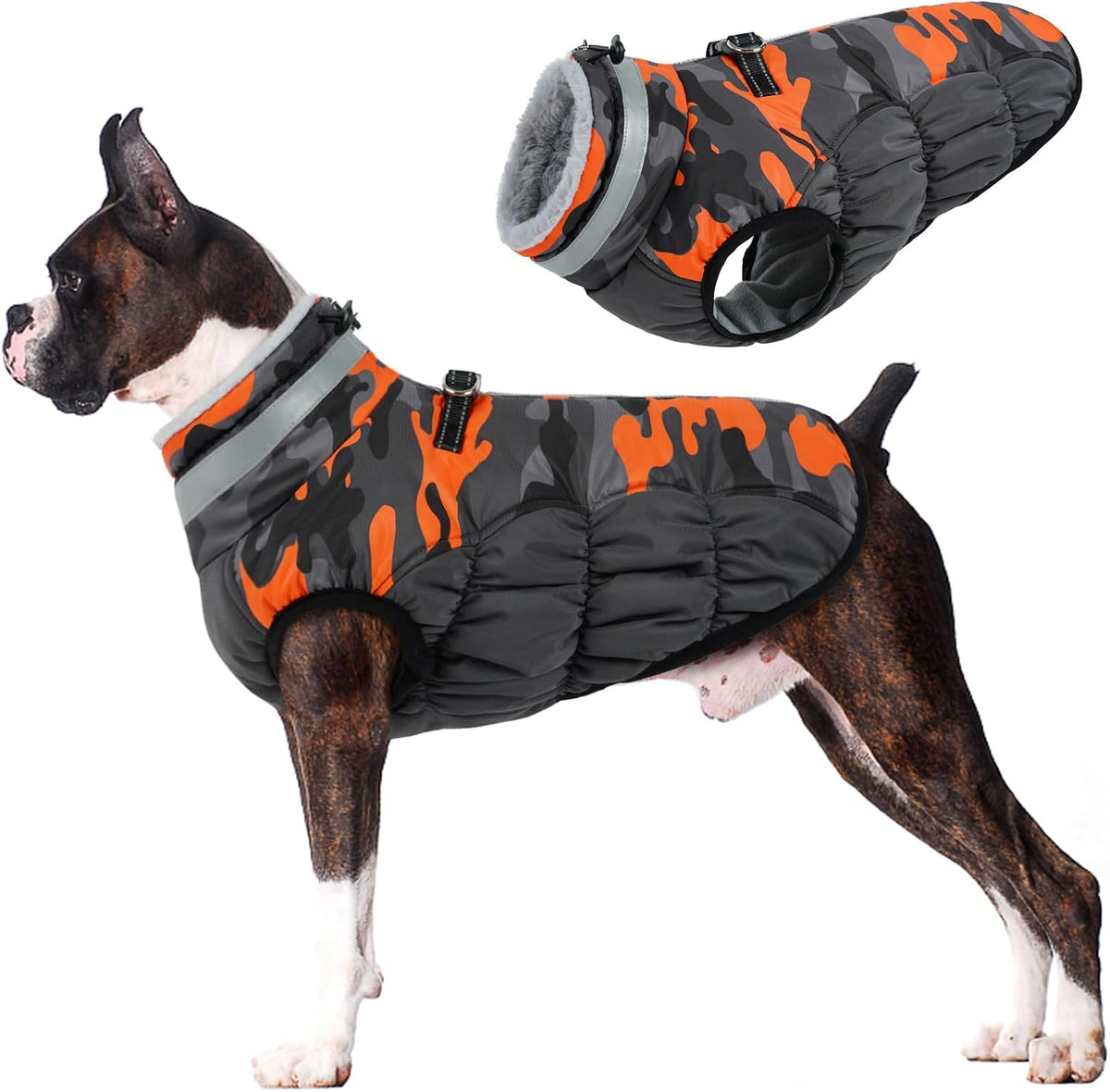 Dog Winter Coat with Harness, Waterproof Reflective Camo Jacket