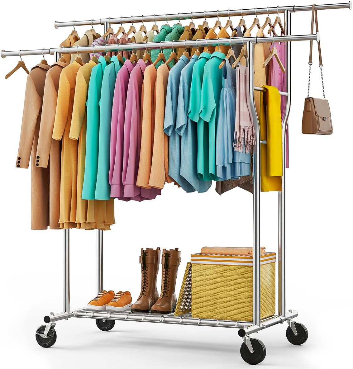 Heavy Duty Clothes Rack - 800 LBS Double Rods Clothes Rack, Rolling Clothing Rack for Hanging Clothes with Sturdy Wheels & Shelves, Metal Garment Rack Sturdy Coat Rack, Sliver