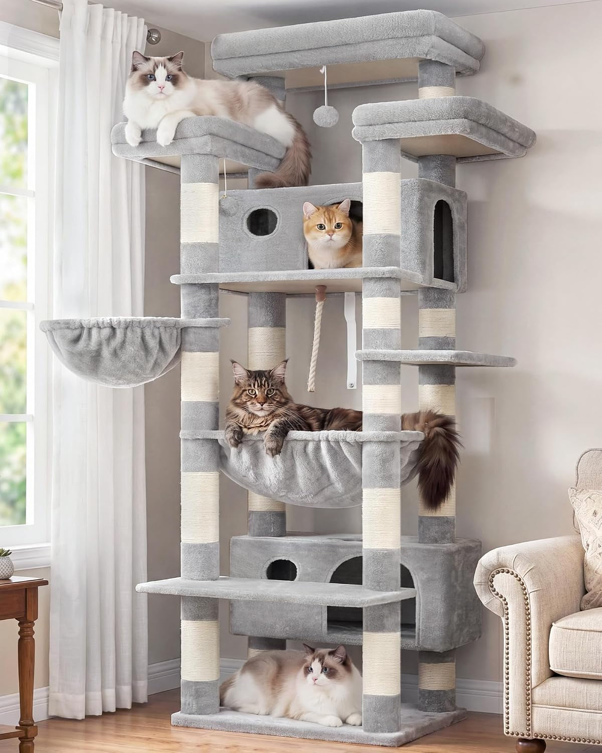 Gitelsnour Cat Tree, 74" Tower for Large Cats, Big Condo & Hammock GCT030W