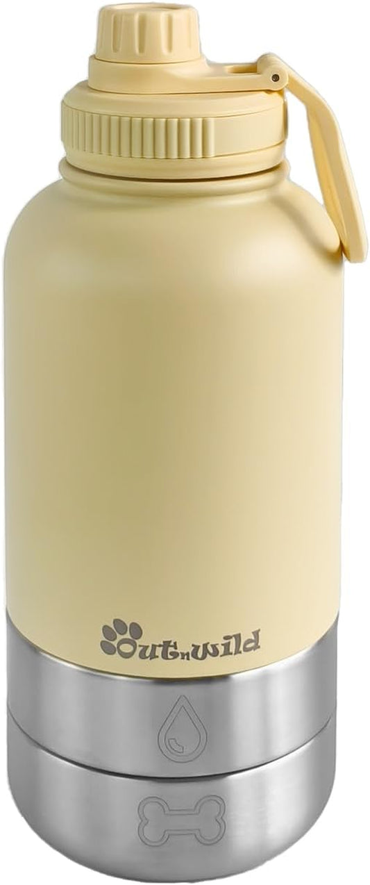 OUT 'N WILD Portable Dog Insulated Water Bottle & Bowls - All-In-One Travel Accessories Pet Food & Liquids for Car, Hiking, Camping - Leak-Proof, Double Walled - 32 Oz, 2 Dog Bowls, Beige