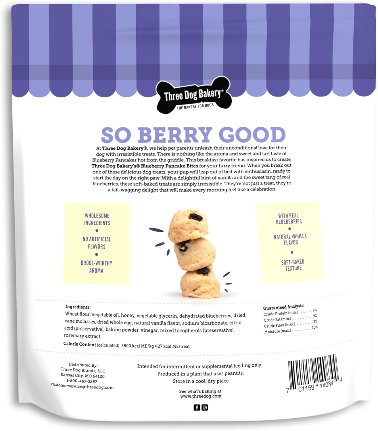 Three Dog Bakery Blueberry Pancake Bites, Treats with Real Blueberries & Vanilla, Mess-Free Snacks & Training Cookies for Dogs & Puppies, Human-Inspired
